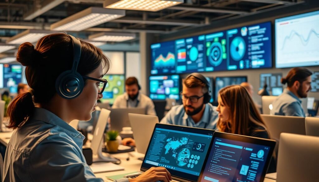 A bustling office scene, with a team of professionals deeply immersed in their tasks. In the foreground, a worker interacts with a sleek, futuristic-looking AI assistant, their screens displaying productivity-boosting analytics and insights. In the middle ground, colleagues collaborate seamlessly, sharing data and ideas through intuitive, voice-controlled interfaces. The background is filled with intelligent automation, from autonomous task schedulers to predictive maintenance systems, all working in harmony to streamline workflows. Warm, diffused lighting casts a productive, innovative atmosphere, while the camera angle captures the dynamism and integration of AI-enhanced daily operations.