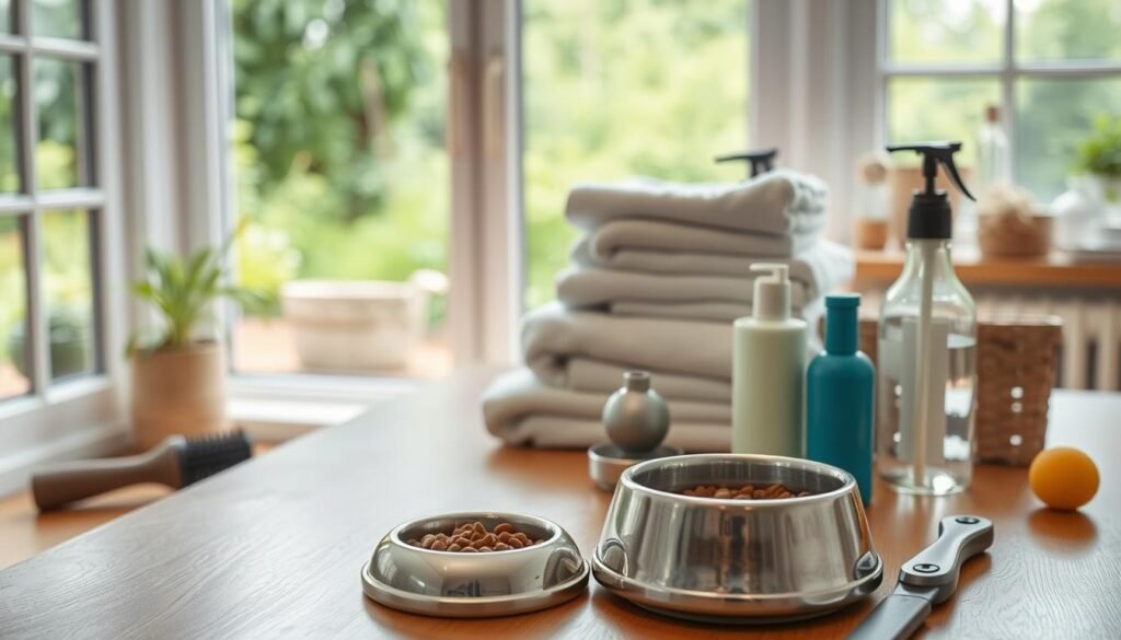 A cozy, well-lit home interior with a variety of pet care items neatly arranged on a wooden table. In the foreground, a small ceramic bowl filled with pet food and a metal water dish sit next to a grooming brush and nail clippers. In the middle ground, a stack of clean towels, a pet shampoo bottle, and a squeaky toy create a sense of a daily care routine. The background features a large window overlooking a lush, green garden, providing natural light and a calming ambiance. The overall scene conveys a sense of organized, attentive pet care with a relaxed, homely atmosphere.