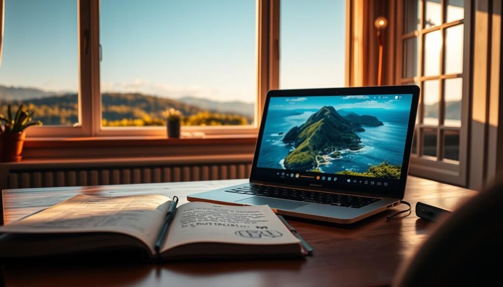 A cozy, well-lit home office with a large window overlooking a scenic landscape. On the desk, a laptop displays a short travel video, its frame filled with lush greenery and sparkling waters. Nearby, a traveler's journal lies open, its pages filled with sketches and notes, capturing the essence of the journey. Warm lighting casts a soft glow, creating an atmosphere of introspection and mindful exploration. The viewer is drawn into the tranquil scene, encouraged to savor the virtual travel experience and reflect on their own wanderlust, while maintaining a balanced, healthy relationship with digital content.