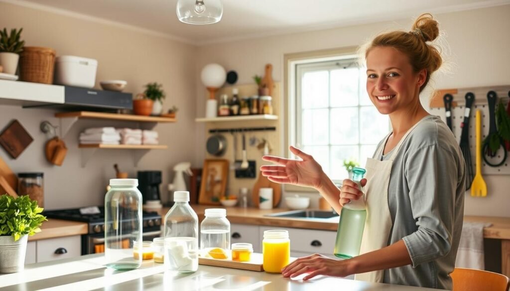 A cozy, well-lit kitchen setting showcasing various DIY life hacks and quick cleaning tips. In the foreground, a person is demonstrating how to make a homemade all-purpose cleaner using common household ingredients. The middle ground features an assortment of DIY organization solutions, such as a repurposed jars for storing spices and a pegboard with various cleaning tools. The background depicts a bright, airy space with ample natural light streaming in, creating an atmosphere of cheerful productivity. The scene conveys a sense of simplicity, practicality, and the joy of discovering clever solutions to everyday problems.