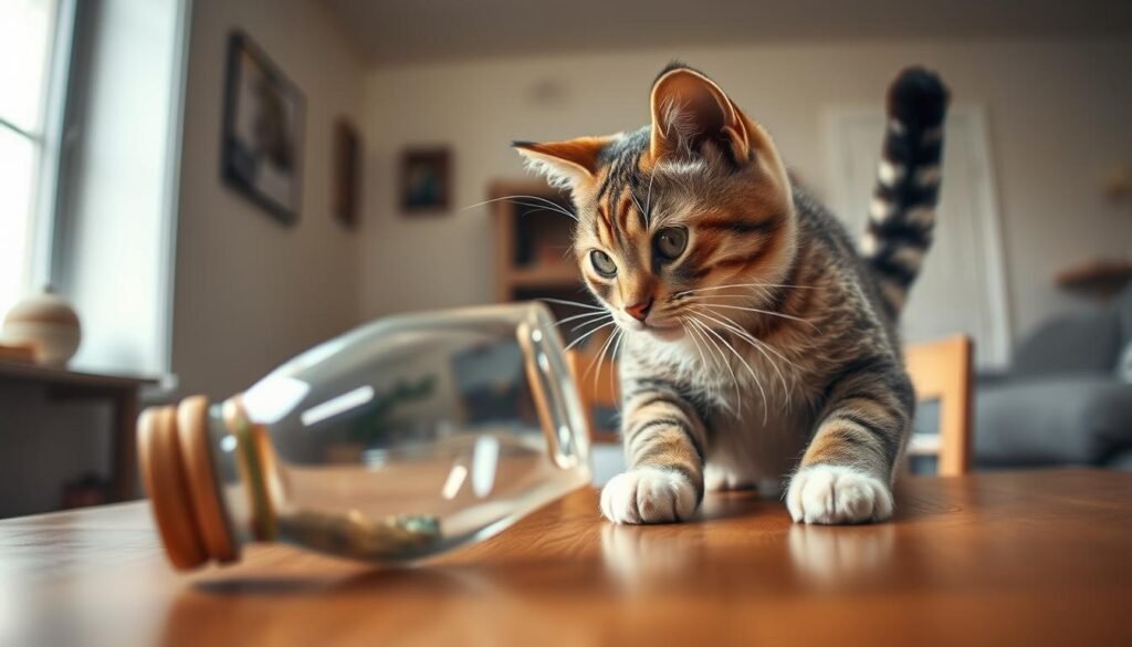 A curious cat, its paws poised, eyes locked on a precarious vase perched atop a wooden table. The feline's gaze is intense, its tail twitching with anticipation, as it prepares to swat the fragile object, sending it crashing to the floor. The scene is set against a softly lit, domestic interior, with warm, muted tones that emphasize the cat's natural curiosity and the unpredictable nature of its behavior. The camera angle is low, capturing the cat's perspective, inviting the viewer to empathize with the feline's playful yet destructive instincts. Realistic textures, subtle shadows, and a sense of depth create a visually immersive and scientifically accurate depiction of why cats so often knock over objects in their environments.