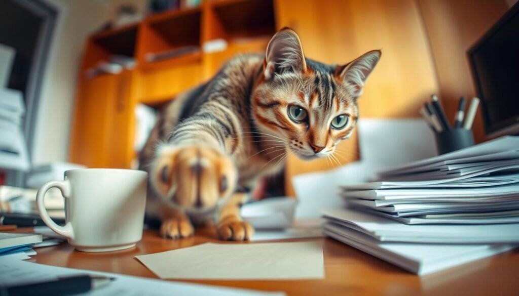 A curious tabby cat perched on a cluttered desk, paw outstretched, gently knocking over a mug, a pen holder, and a stack of papers, its gaze focused and intent. The scene is bathed in warm, natural lighting, captured through a medium-wide lens at eye level, conveying a sense of intimacy and observational realism. The cat's subtle body language and the scattered items on the desk reflect the feline's innate desire to interact with and explore its environment, a natural behavior that is the subject of ongoing scientific inquiry.