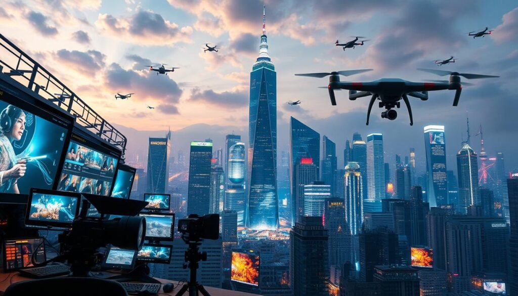 A dynamic cityscape, illuminated by the glow of digital screens and holographic projections. In the foreground, a futuristic video production studio bustles with activity, as AI-powered cameras and editing software seamlessly capture and manipulate digital imagery. In the middle ground, a towering skyscraper showcases the latest advancements in virtual reality, its façade adorned with captivating video displays. The background is a striking skyline, where the silhouettes of sleek, autonomous drones soar, signifying the integration of AI into every aspect of modern video production. The scene conveys a sense of technological innovation, efficiency, and the transformative power of AI in the world of video creation.