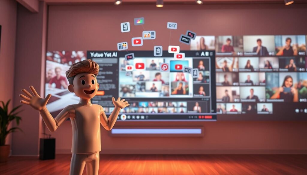 A dynamic, visually-striking image depicting the benefits of using AI for YouTube content creation. In the foreground, a digital avatar or virtual character enthusiastically gestures, conveying the ease and flexibility of AI-powered video production. The middle ground features an array of video production tools, effects, and technology floating in a sleek, futuristic interface. In the background, a montage of YouTube thumbnails and video frames showcases the professional-quality results achievable through AI-assisted content creation. Soft, directional lighting casts a warm, inspiring glow, and the overall composition exudes a sense of innovation, productivity, and boundless creative potential.