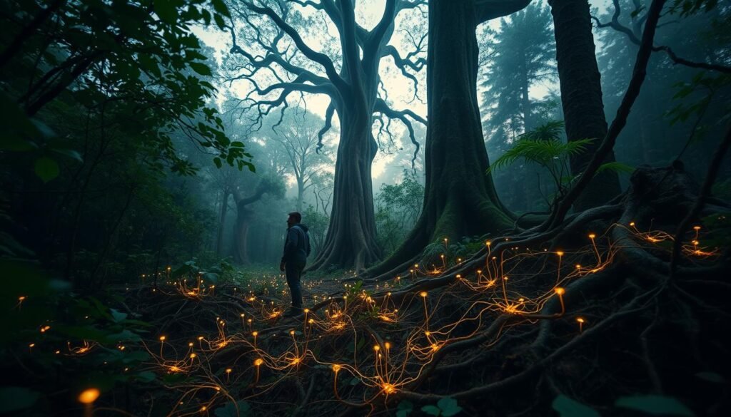 A lush, verdant forest at dusk, the canopy illuminated by soft, warm lighting, casting a gentle glow on the intricate network of roots, fungi, and mycelium that connect the trees, enabling them to communicate and share resources. In the foreground, a close-up view of the forest floor, revealing the intricate underground communication system, with delicate, glowing filaments pulsing with energy, like a neural network. The middle ground features towering, ancient trees, their trunks gnarled and twisted, their branches reaching upwards, as if reaching out to the sky. The background is shrouded in a soft, atmospheric haze, creating a sense of depth and mystery. The overall mood is one of wonder and discovery, inviting the viewer to explore the hidden life of the forest.