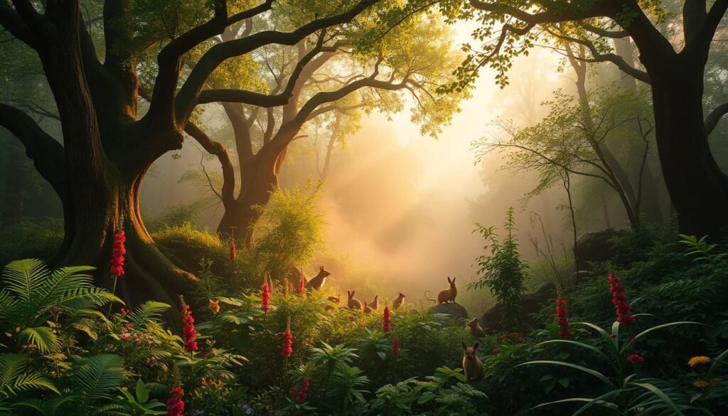 A lush, verdant forest ecosystem teeming with life. In the foreground, a diverse array of flora and fauna thrive together - towering oak trees, lush ferns, and vibrant wildflowers. The middle ground reveals a hidden world, with small animals like rabbits, squirrels, and birds darting between the undergrowth. In the background, a mysterious fog creates an enchanting atmosphere, casting a warm, golden glow over the entire scene. The lighting is natural and diffused, capturing the tranquil essence of this living community. Captured with a wide-angle lens to showcase the depth and interconnectedness of this intricate ecosystem.