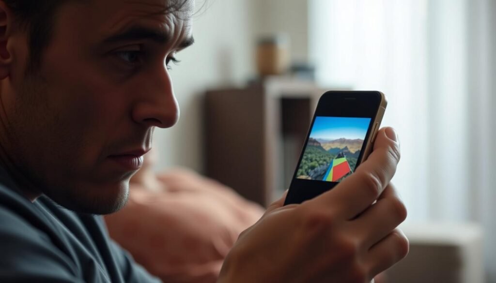 A pensive individual gazes intently at a smartphone, mesmerized by a vibrant travel video playing on the screen. The foreground features the person's face, expression reflecting a mix of intrigue and wistfulness. The middle ground depicts the smartphone, its screen radiating a warm glow, transporting the viewer to distant landscapes. The background is softly blurred, hinting at the person's immediate surroundings, perhaps a cozy living room or a quiet workspace. Soft, directional lighting from the side creates depth and emphasizes the subject's captivated expression. The overall mood is one of contemplation, the allure of travel videos drawing the viewer in despite financial constraints.