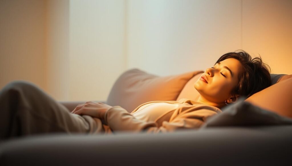 A serene and tranquil scene of a person resting on a cozy couch, bathed in warm, diffused lighting. The figure is lounging comfortably, eyes closed, a peaceful expression on their face, conveying a sense of restful rejuvenation. In the background, a minimalist, calming interior with muted colors and clean lines creates a soothing atmosphere, free from distractions. Soft, ambient lighting casts a gentle glow, highlighting the importance of intentional downtime for enhanced focus and productivity. The overall mood is one of stillness, calm, and the value of strategic rest for optimal performance.