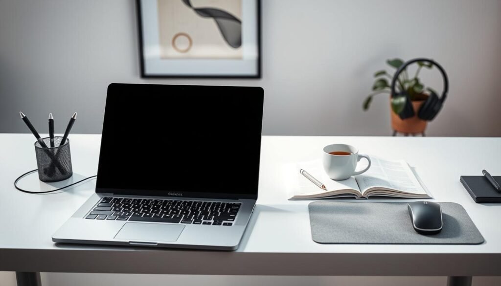A sleek, modern office desk with an array of productivity tools arranged neatly on its surface. In the foreground, a high-end laptop, a stylish pen holder, and a minimalist mouse pad. In the middle ground, an open notebook, a cup of coffee, and a pair of noise-cancelling headphones. In the background, a clean white wall with a framed abstract artwork, and a potted plant adding a touch of nature. Soft, directional lighting illuminates the scene, casting subtle shadows and highlighting the textures of the various items. The overall atmosphere conveys a sense of organization, focus, and efficiency - the perfect setup for a productive workday.