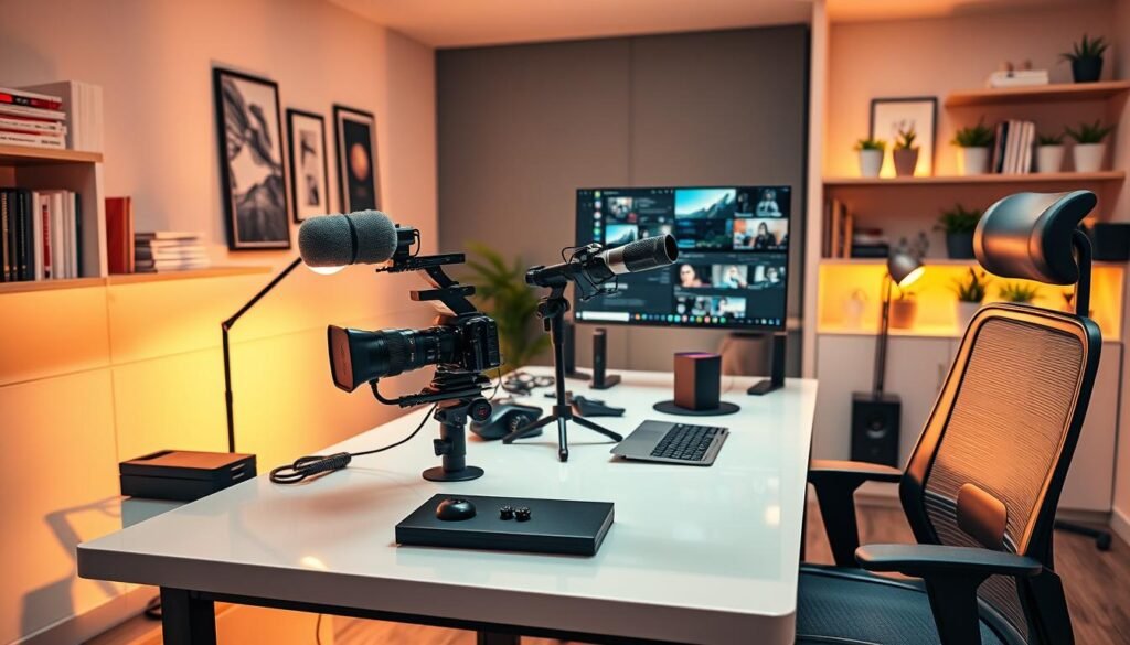 A sleek, modern workspace with a glossy desk and ergonomic office chair. On the desk, several cutting-edge AI video creation tools are displayed, including a high-end camera, a professional-grade microphone, and a powerful computer with state-of-the-art video editing software. The room is bathed in warm, directional lighting, creating a productive and creative atmosphere. The walls are lined with shelves containing reference materials, inspirational artwork, and a few potted plants, suggesting a well-organized and thoughtful approach to the creative process. The overall scene conveys a sense of technological sophistication, efficiency, and the potential for innovative video content creation.