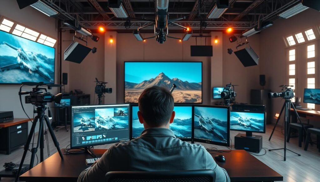 A state-of-the-art video production studio, brimming with cutting-edge AI technology. In the foreground, a content creator sits before a bank of monitors, their hands deftly manipulating virtual editing tools. The middle ground showcases a seamless blend of live-action footage and computer-generated visuals, all rendered with cinematic quality. The background features an array of high-tech equipment, including cameras, lighting rigs, and autonomous drones, all working in harmony to capture and refine the perfect shot. The atmosphere is one of creative energy, where the boundaries between human and machine blur, empowering the artist to push the limits of what's possible in the realm of AI-generated video content.