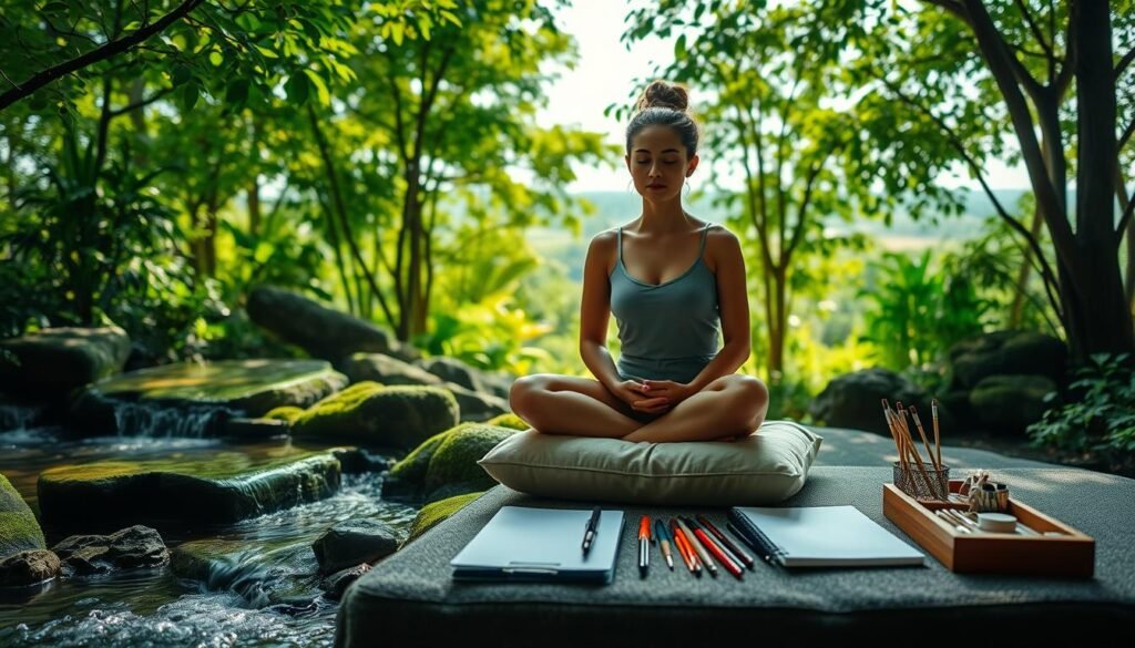 A tranquil meditation garden, with a calming water feature flowing gently through moss-covered rocks. In the foreground, a person sits cross-legged on a plush cushion, eyes closed, palms resting on their lap, embodying deep focus and mindfulness. Soft natural light filters through the canopy of lush, verdant foliage, casting a serene, contemplative atmosphere. In the middle ground, various creative tools and implements - sketchpads, pens, and paint brushes - are neatly arranged, suggesting a harmonious balance between introspection and creative expression. The background features a distant horizon, hinting at the expansiveness of the creative mind. Overall, the scene conveys a sense of rejuvenation, inspiration, and the power of stillness to unlock the wellspring of creativity.