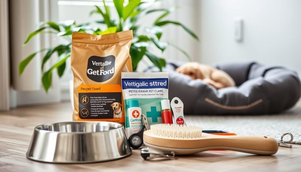 A well-lit, close-up still life photograph showcasing a curated collection of essential pet care items. In the foreground, a sleek stainless steel water bowl, a bag of high-quality pet food, and a soft grooming brush. In the middle ground, a veterinary-approved flea and tick collar, a nail clipper, and a pet first-aid kit. In the background, a lush green plant and a cozy pet bed, creating a soothing, natural atmosphere. The lighting is soft and diffused, highlighting the textures and colors of the products. The composition is balanced and symmetrical, conveying a sense of order and attention to detail in pet wellness.