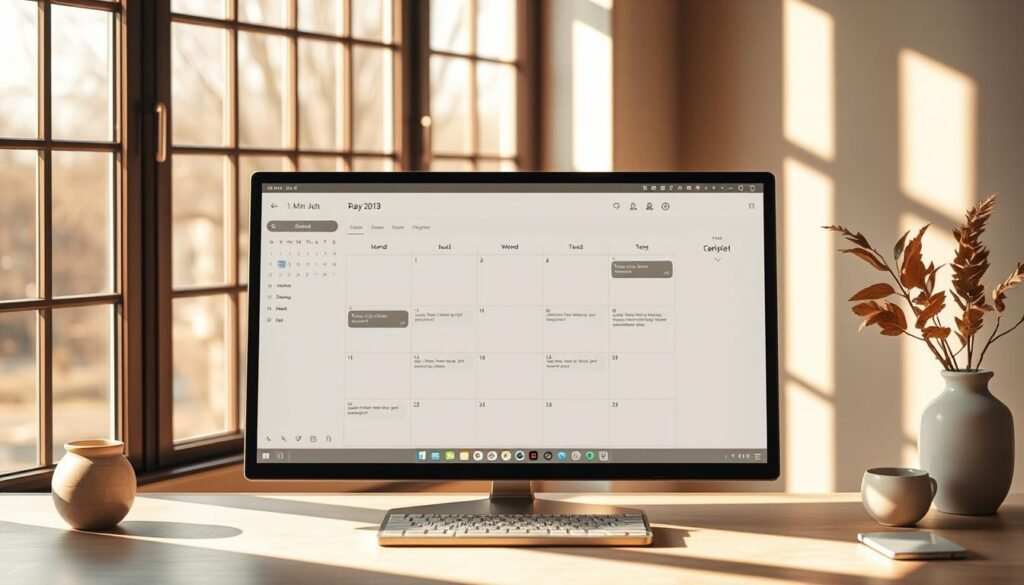 A clean, well-organized digital calendar on a minimalist desktop, bathed in warm natural light filtering through large windows. The calendar interface features a simple, intuitive layout with bold typography and a muted color palette, facilitating easy navigation and task planning. Subtle textures and shadows add depth, while a sense of tranquility pervades the scene, evoking a calming, focused atmosphere conducive to mindful productivity. The overall composition exudes a balanced, serene aesthetic that aligns with the "Weekend Reset" theme.