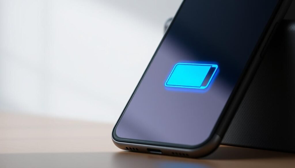 A close-up shot of a smartphone against a blurred background, its battery icon prominently displayed and glowing with a vibrant blue hue, signifying extended battery life. Soft, diffused lighting from the side illuminates the device, casting gentle shadows and highlights to accentuate its sleek, modern design. The scene conveys a sense of efficiency and technological advancement, with a subtle, calming atmosphere that suggests the ease of prolonging the phone's power throughout the day.