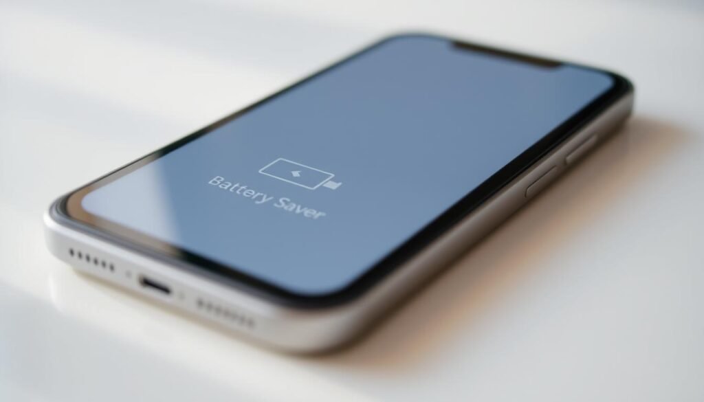 A close-up view of a smartphone screen, its battery icon displaying a lightning bolt symbol, indicating the device's battery saver mode is activated. The screen shows a minimalist interface with muted colors, highlighting essential functions and settings. The phone is positioned on a flat, smooth surface, bathed in soft, diffused lighting, creating a warm, calming atmosphere. The image conveys a sense of efficiency and practical solutions to preserve the phone's battery life.