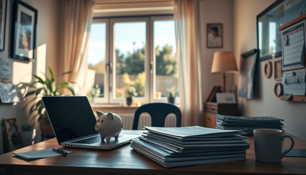A cozy home office, warm lighting casting a gentle glow. On the desk, a laptop and a stack of neatly organized financial documents, a piggy bank, and a cup of coffee. The walls are adorned with inspirational art, a calendar, and a framed vision board. Through the window, a lush garden and a clear blue sky. The scene radiates a sense of focus, organization, and a commitment to a thoughtful financial plan. The overall mood is one of calm, productivity, and a positive outlook on personal finance. A cozy home office, warm lighting casting a gentle glow. On the desk, a laptop and a stack of neatly organized financial documents, a piggy bank, and a cup of coffee. The walls are adorned with inspirational art, a calendar, and a framed vision board. Through the window, a lush garden and a clear blue sky. The scene radiates a sense of focus, organization, and a commitment to a thoughtful financial plan. The overall mood is one of calm, productivity, and a positive outlook on personal finance.
