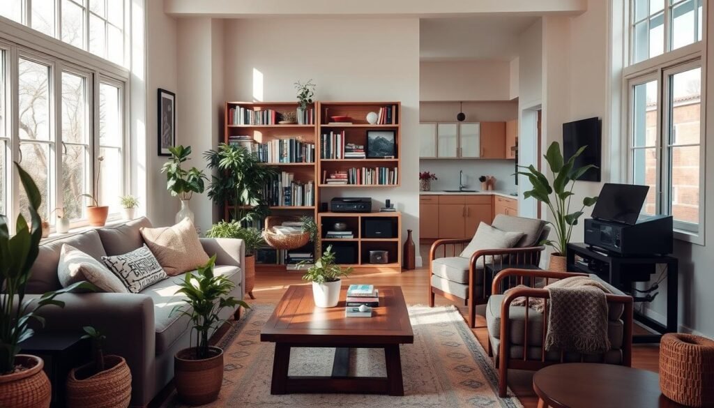 A cozy weekend retreat with natural light filtering through large windows, illuminating a comfortable living space. In the foreground, a plush sofa and armchair arranged around a low wooden coffee table, inviting relaxation. Potted plants and soft textiles add warmth and a sense of tranquility. The middle ground features a well-stocked bookshelf and a record player, hinting at leisurely pursuits. In the background, a minimalist kitchen with clean lines and muted tones, suggesting simple, nourishing meals. The overall atmosphere is one of quiet rejuvenation, a soothing respite from the demands of daily life.