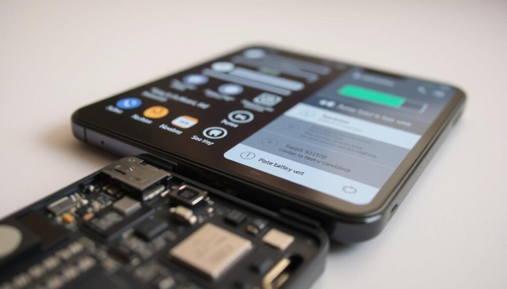 A detailed close-up view of a smartphone battery, showcasing various factors that contribute to its rapid drain. The foreground features the battery itself, its internal components, and intricate circuitry. The middle ground displays various apps, settings, and activities running on the phone's screen, each indicating a potential source of battery consumption. The background subtly fades into a soft, neutral tone, allowing the central elements to take the spotlight. The lighting is natural and evenly distributed, highlighting the technical details and creating a sense of realism. The overall composition and angle convey a sense of analytical examination, guiding the viewer's attention to the key elements responsible for the fast battery drain.