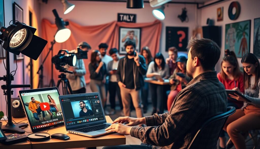 A group of diverse creators, each with their own distinct style and personality, gathered in a cozy, well-lit studio. In the foreground, a YouTuber sits at their desk, intently editing footage on their laptop, surrounded by professional lighting equipment and a backdrop of vibrant, dynamic colors. In the middle ground, a vlogger stands in front of a camera, gesturing passionately as they record their latest video. In the background, a group of illustrators and animators work together, their digital tablets and styluses creating a flurry of artistic activity. The scene conveys a sense of creative energy, collaboration, and the challenges that creators face in monetizing their content on the platform.