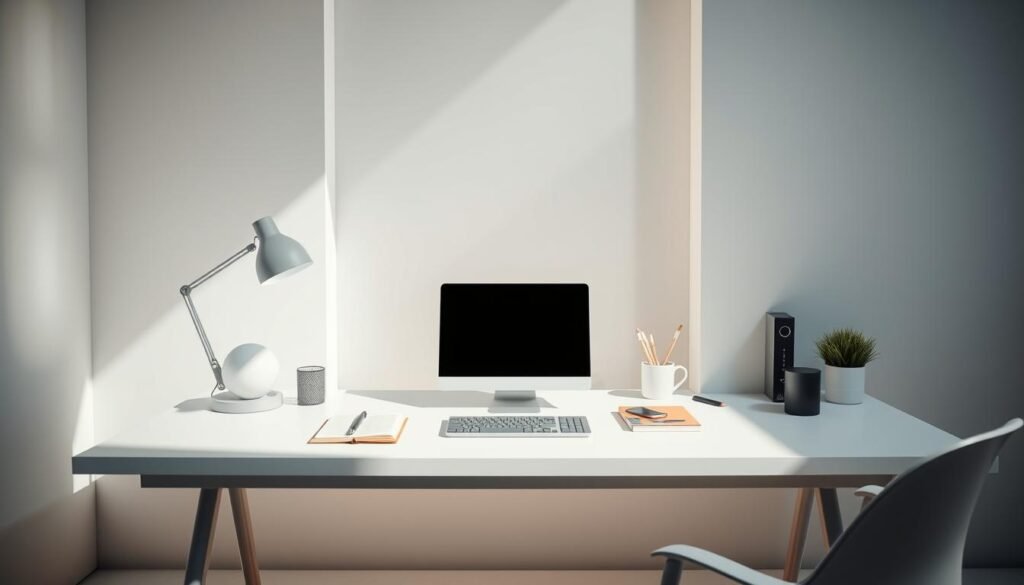 A modern, professional workspace with a sleek, minimalist design. Bright, natural lighting illuminates a clean, minimalist desk, showcasing a laptop, notebook, and various office supplies. Serene, tranquil atmosphere, creating a sense of focus and productivity. Subtle, muted colors in the background, with clean lines and geometric shapes forming the frame. Angles and perspectives play with depth, creating a sense of depth and dimension. The overall composition conveys a sense of order, efficiency, and the tools necessary for successful YouTube monetization.