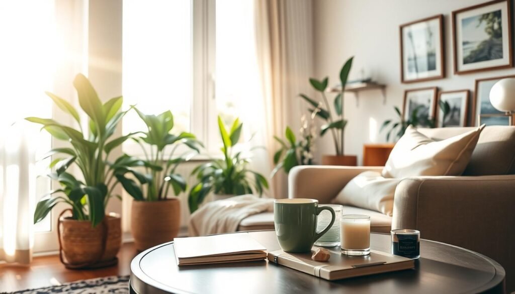 A peaceful, tranquil scene of a serene weekend morning. Sunlight filters through large windows, casting a warm glow over a cozy living room. A comfortable armchair sits near a coffee table, adorned with a steaming mug, a journal, and a few mindfulness items like a small crystal and a scented candle. The background features lush indoor plants and a few framed nature photographs, creating a calming, nature-inspired atmosphere. The overall mood is one of relaxation, introspection, and a sense of personal rejuvenation.