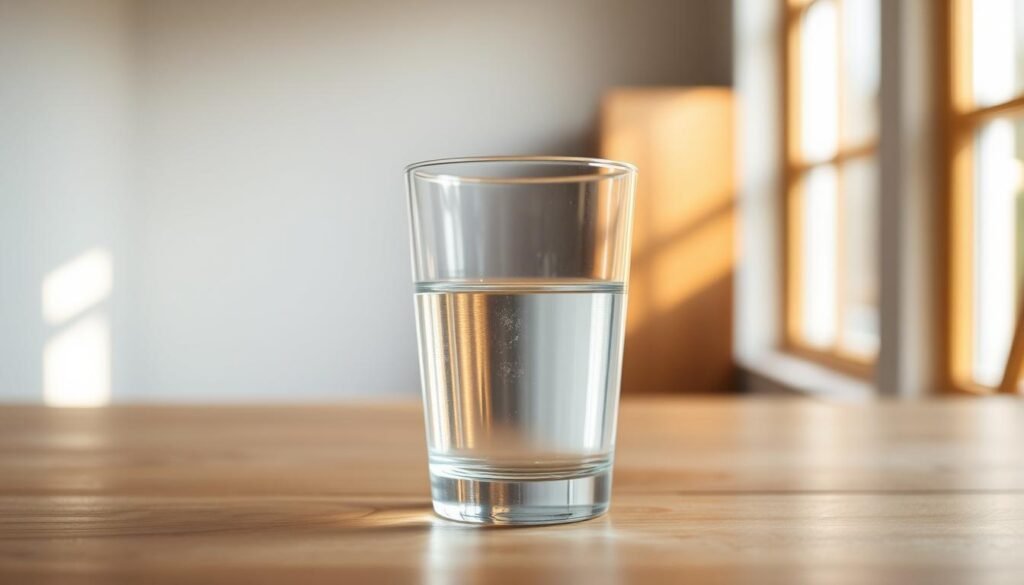 A serene, minimalist scene of a clear glass of water resting on a simple, uncluttered wooden table, illuminated by warm, natural lighting filtering in through a large window. The glass casts a soft, reflective shimmer on the surface, drawing the viewer's eye to the pure, crystalline liquid within. The background is softly blurred, emphasizing the simplicity and tranquility of the focal point. The overall mood is one of calm, efficiency, and environmental consciousness, evoking the idea of responsible water usage and financial savings.