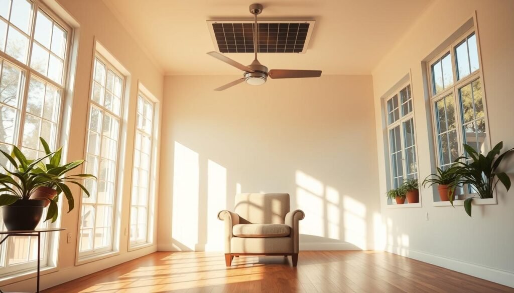 A serene, sun-drenched living room with large windows bathing the space in warm, natural light. In the center, a cozy recliner chair is positioned to face a sleek, contemporary ceiling fan gently rotating overhead, casting a hypnotic pattern of shadows across the hardwood floor. Potted plants adorn the windowsills, their verdant leaves rustling softly in the breeze. The room exudes a sense of tranquility and energy efficiency, with clean, minimalist design elements that seamlessly blend form and function. A hidden ceiling-mounted solar panel discreetly powers the fan, creating a harmonious, eco-friendly atmosphere.