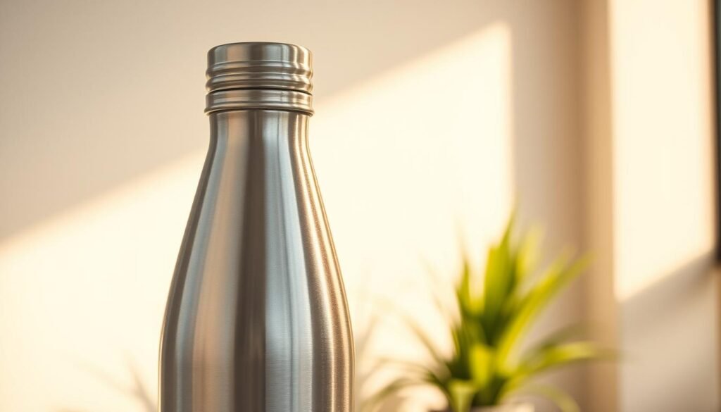A sleek, stainless steel water bottle, glistening under warm, natural lighting. Positioned in the foreground, the bottle's smooth surface reflects the surrounding environment, creating a sense of depth and context. The middle ground features a minimal, uncluttered backdrop, allowing the water bottle to take center stage. In the background, a subtle hint of greenery or a simple, muted pattern provides a calming, eco-friendly atmosphere. The entire scene conveys a sense of simplicity, functionality, and sustainability - a practical, everyday item that aligns with the "Eco-Friendly Money-Saving Hacks for Everyday Life" theme and the "Your fastest wins today" section title.