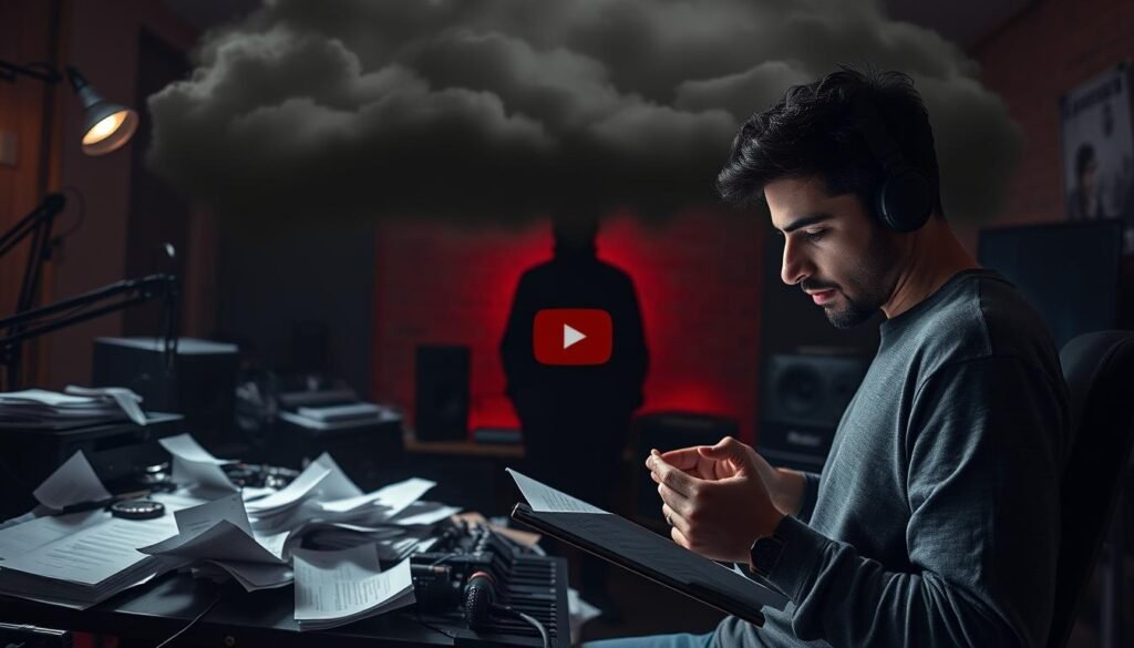 An ominous cloud of copyright infringement looms over a busy recording studio, casting an eerie shadow on the scene. In the foreground, a musician anxiously checks their YouTube analytics, their face etched with concern as they navigate the treacherous landscape of music claims and strikes. The middle ground depicts a tangle of legal documents and warning letters, hinting at the bureaucratic nightmare of navigating content ID systems. In the background, a haunting silhouette of a faceless copyright enforcer stands as a stark reminder of the high stakes involved in music misuse on platforms like YouTube. Dramatic lighting emphasizes the gravity of the situation, while a muted color palette evokes a sense of tension and unease.